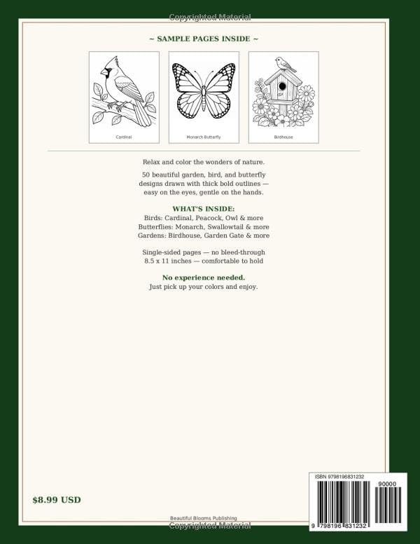 Beautiful Blooms Volume 2: Gardens, Birds and Butterflies Large Print Coloring Book for Seniors — Simple and Easy Designs for Relaxation and Stress Relief (Beautiful Blooms Coloring Collection) by Rose Meadows