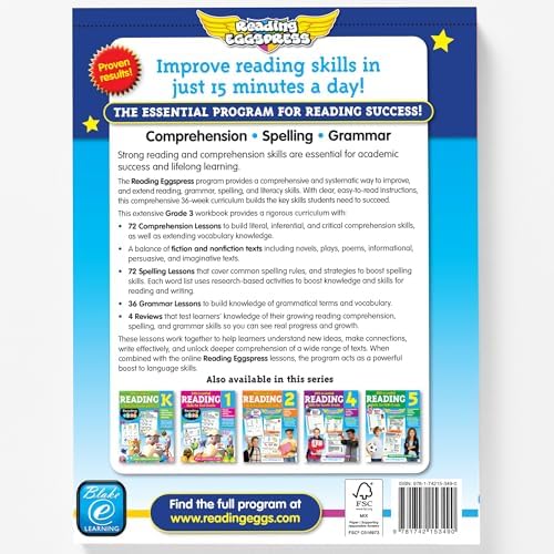 3rd Grade Reading Workbook Ages 7-9, 200 Essential Reading Lessons - Spelling, Grammar, Reading Comprehension & Practice, Worksheets + Yearly Planner, 217 Full Color Pages - Reading Eggspress by Katy Pike
