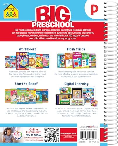 School Zone Big Preschool Workbook: 320 Spiral-Bound Pages, Pre-K, Colors, Shapes, Numbers, Early Math, Alphabet, Pre-Writing, Phonics, Following Directions, Ages 3-5 by School Zone