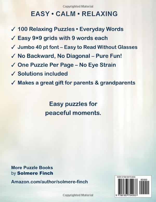 Easy Extra Large Print Word Search for Seniors: 100 Word Find Puzzles with Everyday Words and Easy-to-Read Jumbo Print for Adults, Beginners and Puzzle Lovers, One Puzzle Per Page by Solmere Finch