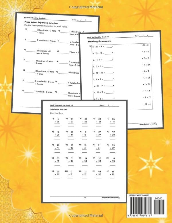 Summer Math Workbook Grade 1-2, With Counting, Addition and Subtraction, Telling Time, and Place Value Skills: 1st to 2nd Grade Math Practice Summer Workbook With Answers by Anna School Learning