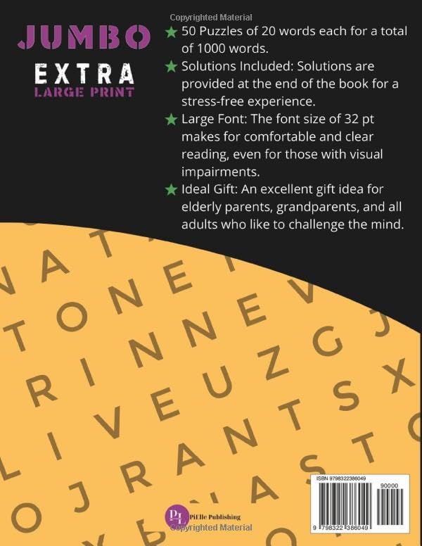 Jumbo Extra Large Print Word Search for Adults & Seniors Vol.2: 32 Font Size Extra Large Print. 50 Word Search with Solutions. Hours of Fun and Mental Training for the Visually Impaired. by PiElle Publishing
