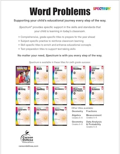 Spectrum Grade 6 Word Problems Math Workbook, Ages 11-12, 6th Grade Math Word Problems Covering Fractions, Decimals, Geometry, and Algebra 1 Prep, 6th Grade Math Word Problems Workbook for Kids by Spectrum
