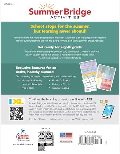 Summer Bridge Activities 7th to 8th Grade Workbooks All Subjects, Middle School Books With Math, Language Arts, Reading Comprehension, Science, Social Studies, Fitness, Flash Cards, and More by Summer Bridge Activities