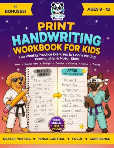 Print Handwriting Workbook for Kids 8-12: Fun Weekly Practice Exercises to Learn Writing, Penmanship & Motor Skills with Jokes, Science Facts & ... (Elementary Grade Writing Prompt Books) by Polymath Panda