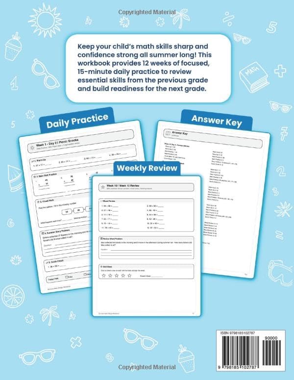 Summer Math Bridge Workbook 2nd to 3rd Grade: 12 Weeks of 15-Minute Daily Math Practice with Addition, Subtraction, Time, Money, Fractions, Graphs, Weekly Reviews, and Answer Key by FishYu Fun