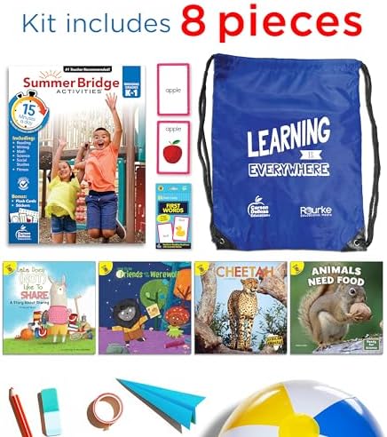 Summer Bridge Activities K-1 Bundle, Ages 5-6, Math, Reading Comprehension, Science, and Writing Summer Learning 1st Grade Workbooks, Sight Word Flash Cards, Children's Books, and Drawstring Bag by Rourke Educational Media