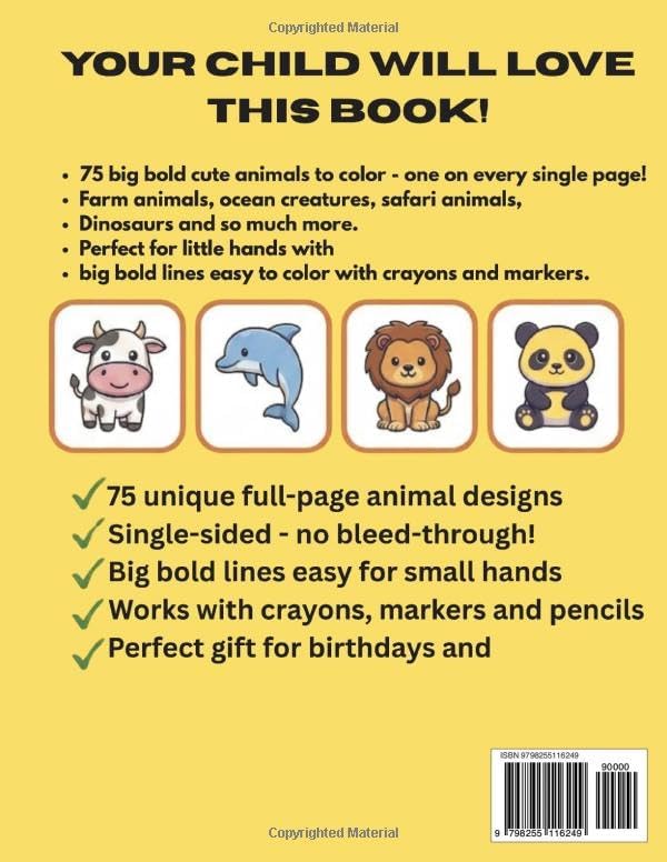 Cute Animals Coloring Book for Toddlers Ages 2-6: 75 Big & Easy Animals to Color | Perfect for Kids Ages 2, 3, 4 5 and 6 | Large Simple Designs for Little Hands by Muhammed Kandeger