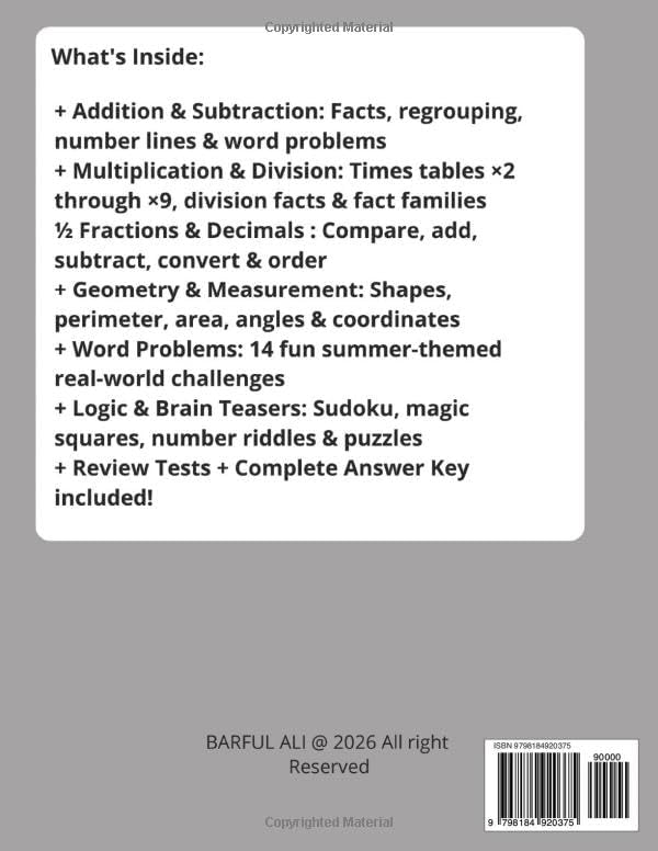 Summer Math Workbook: Fun Practice for Grades 1–5 | Addition, Subtraction, Multiplication, Fractions, Geometry & Word Problems by BARFUL ALI