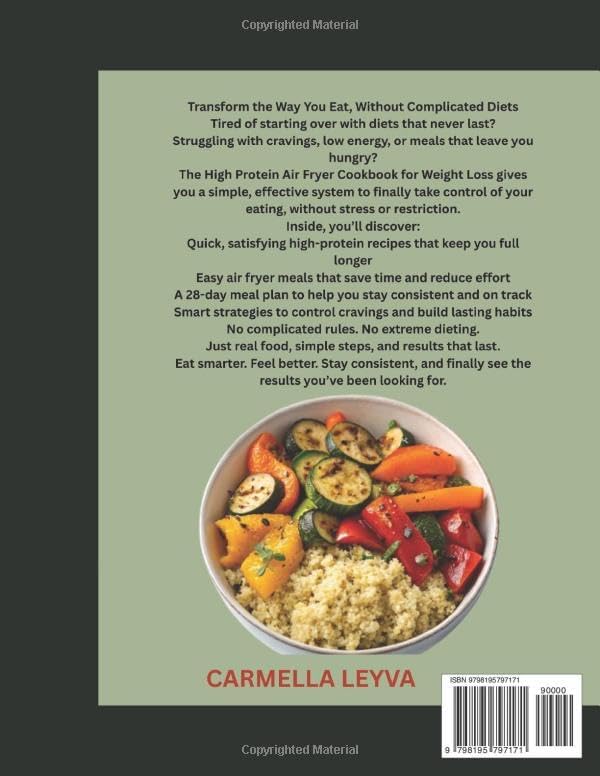 HIGH PROTEIN AIR FRYER COOKBOOK FOR WEIGHT LOSS: Quick & Easy High Protein Air Fryer Recipes & 28-Day Meal Plan to Burn Fat, Lose Weight, Build Lean Muscle & Stay Full Longer Without Complicated Diets by CARMELLA LEYVA