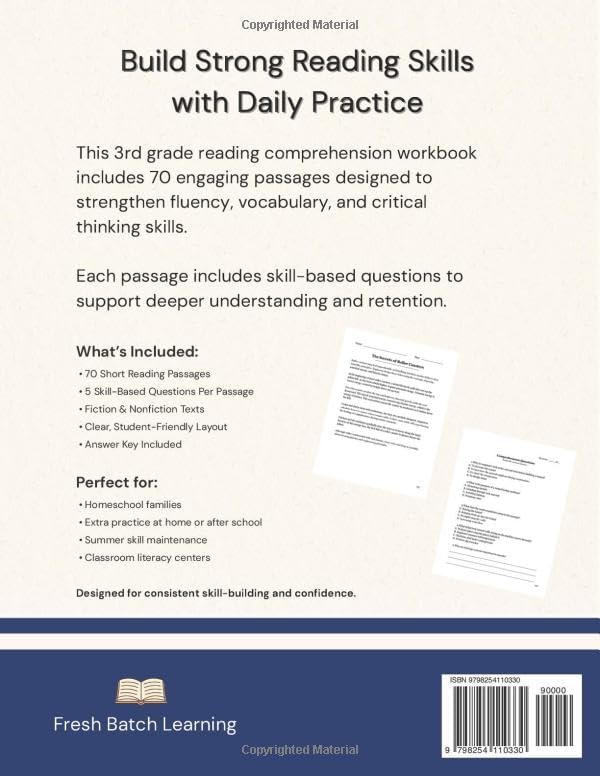 3rd Grade Reading Comprehension Workbook: Engaging Stories, Vocabulary, Writing Questions, and Skill-Building Practice for Kids Ages 8–9 by Fresh Batch Learning