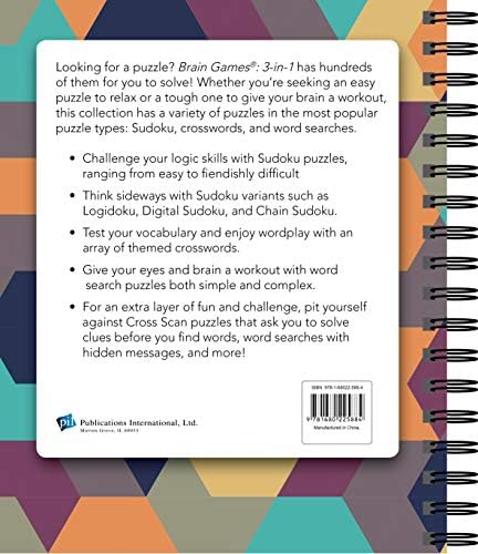 Brain Games - 3-In-1 Puzzle Book: Word Search, Crosswords & Sudoku | 256 Pages, Spiral Bound | Large Variety Activity Book for Adults, Seniors, Teens by Publications International Ltd.