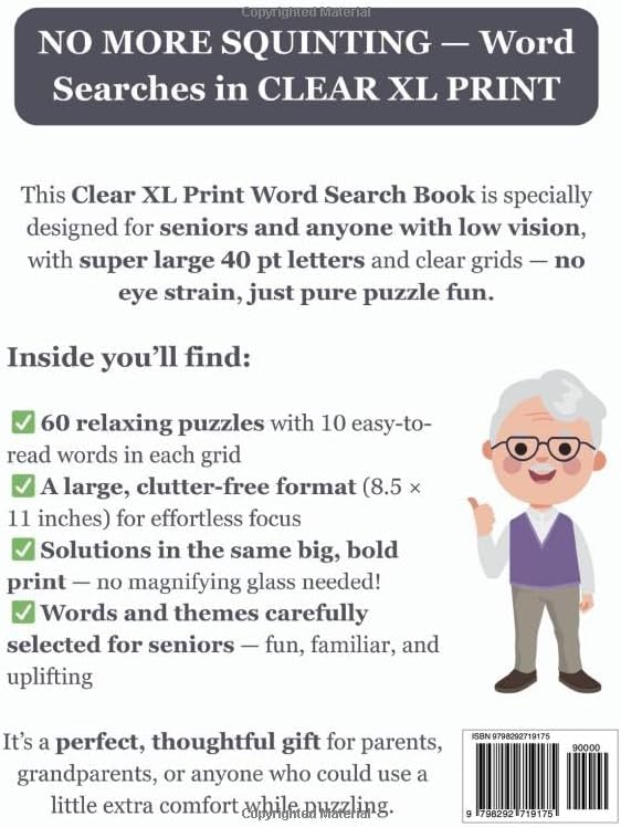 Clear XL Print 40 pt Font Word Search: Designed for Seniors, Low Vision & Visually Impaired | 60 Relaxing Puzzles | 8.5x11 Inches | Thoughtful Gift ... & Loved Ones (Clear XL Print Word Search) by SG Books