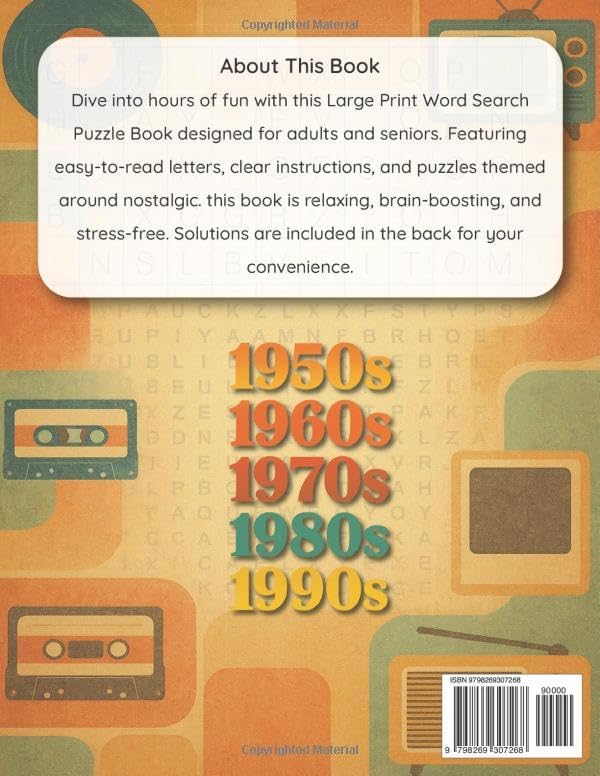 Nostalgic Word Search Puzzle Book Large Print for Adults and Seniors: 100 Easy-to-Read Puzzles Inspired by the 50s, 60s, 70s, 80s & 90s | Fun Large ... Puzzle Collection for Adults & Seniors) by Jasine Ben