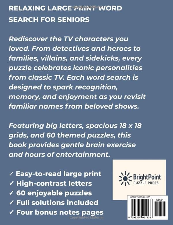 Large Print Word Search for Seniors: Classic TV Characters Nostalgia Edition: 60 Relaxing Puzzles with Big Letters and Easy-to-Read 18×18 Grids — ... Word Search for Seniors – Nostalgia Editions) by Bright Point