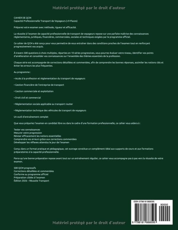Cahier de QCM – Capacité Professionnelle Transport de Voyageurs +9 Places: 500 questions corrigées et commentées pour préparer l'examen officiel (Les Cahiers Réussite Transport) (French Edition) by Réussite Transport