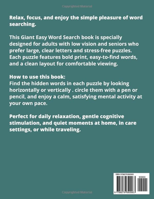 Giant Easy Word Search for Low Vision & Seniors: 50+ Supersized, Large-Print, Simple, Easy, Relaxing Puzzles Designed for Anti-strain Viewing For ... and Free Times (Senior Puzzle Series) by BloomMind Press