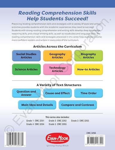 Evan-Moor Reading Comprehension: Nonfiction, Grade 6 - Homeschooling and Classroom Resource Workbook, Biographies, Science, Social studies, Geography, Leveled, Vocabulary, Text Structure Analysis by Evan-Moor Educational Publishers
