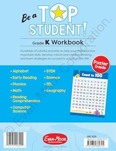 Evan-Moor Top Student Kindergarten Full-color Workbook, Reward Stickers, Alphabet, Math, SEL, Reading Comprehension, Computer Science, Mindful Moments with Audio by Evan-Moor Educational Publishers
