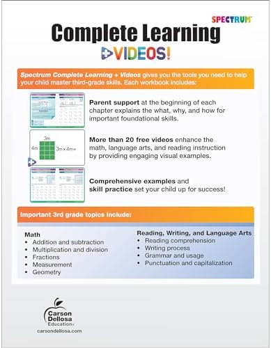 Spectrum Complete Learning + Videos 3rd Grade Workbooks, Language Arts, Reading Comprehension, Writing, and Math Book for Kids Ages 8-9 With Video Tutorials (Volume 68) by Spectrum
