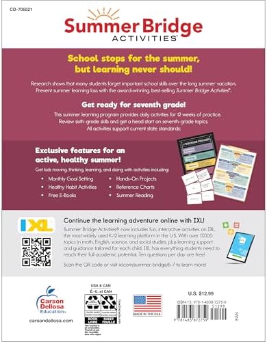 Summer Bridge Activities 6th to 7th Grade Workbooks All Subjects, Middle School Books With Math, Language Arts, Reading Comprehension, Science, Social Studies, Fitness, Flash Cards, and More by Summer Bridge Activities