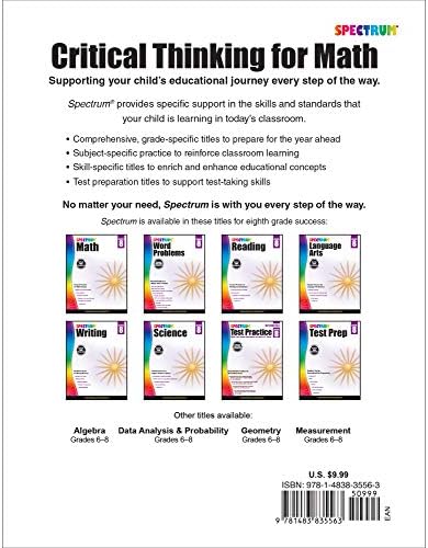 Spectrum Grade 8 Critical Thinking for Math Workbook, Mathematics Middle School Books Covering Geometry, Pythagorean Theorem, Linear Equations, and More, Classroom or Homeschool Curriculum (Volume 50) by Spectrum