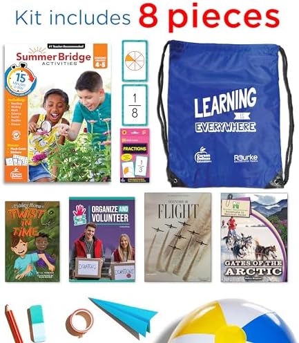Summer Bridge Activities 4-5 Bundle, Ages 9-10, Math, Language Arts, and Science Summer Learning 5th Grade Workbooks All Subjects, Fractions Math Flash Cards, Children's Books, and Drawstring Bag by Rourke Educational Media