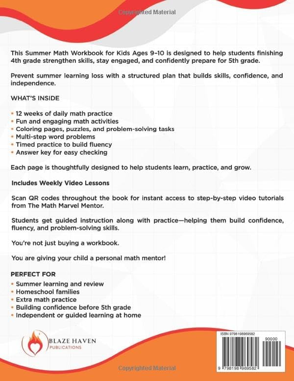 The Summer Before 5th Grade Math Workbook: Fun & Educational Summer Math Workbook for Kids Ages 9–10 | Video Lessons Included | 12-Week Common Core ... Key (Math Workbooks With Video Lessons) by Blaze Haven Publications