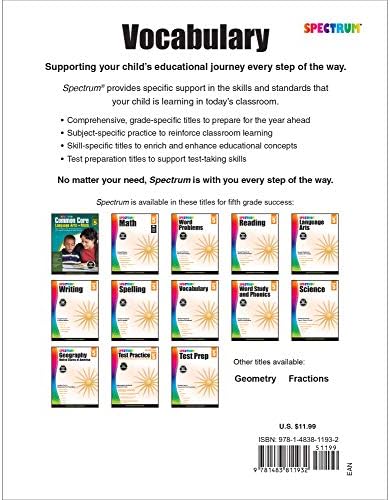 Spectrum 5th Grade Vocabulary Workbooks, Ages 10 to 11, Grade 5 Vocabulary, Reading Comprehension Context Clues, Vocabulary Analogies, Multiple-Meaning Words, Roots and Affixes - 160 Pages by Spectrum