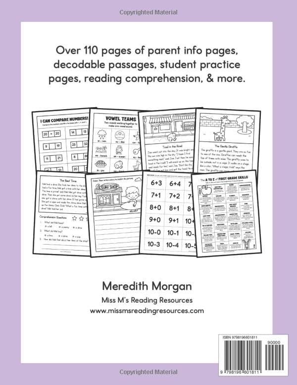 First Grade Summer Handbook: A First Grade Review Workbook for Learning at Home With Math and Reading Activites, Decodable Passages, Writing Prompts, and More by Meredith Morgan