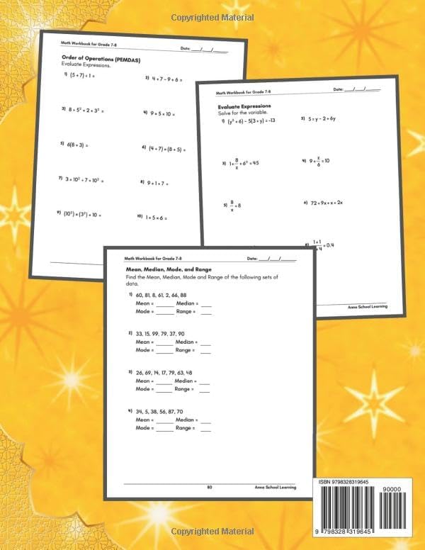 Summer Math Workbook Grade 7-8, With Equations One Side, Two Sides, Inequalities, Expressions, Ratio, Percentage, Statistics and Geometry Skills: 7th ... Math Summer Workbook With Answers, Ages 12-14 by Anna School Learning