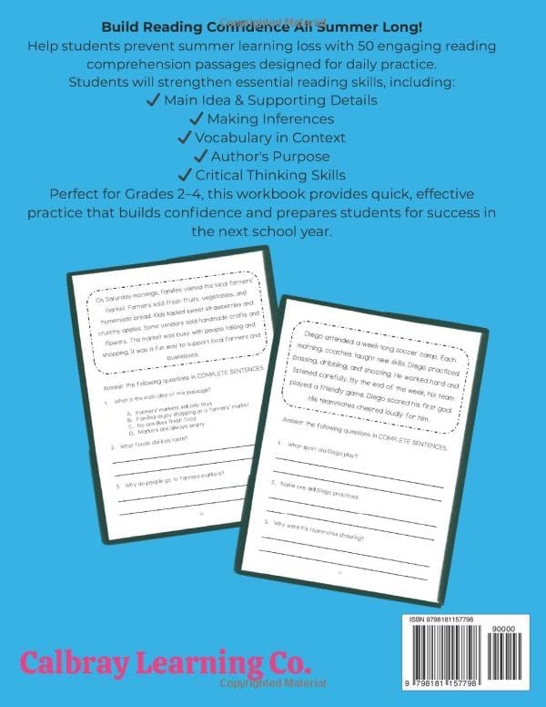 Summer Reading Workbook for Ages 8-10 50 Reading Comprehension Passages and Questions for Daily Practice (Grades 2-4): 50 Engaging Reading Passages ... and Comprehension Skills for Daily Practice by Andrea Veltri
