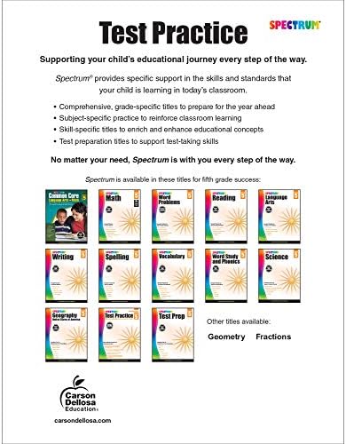 Spectrum 5th Grade Test Practice Workbooks All Subjects, Ages 10 to 11, 5th Grade Test Practice, Language Arts, Reading Comprehension, Vocabulary, Writing and Math Reproducible Book - 160 Pages by Spectrum