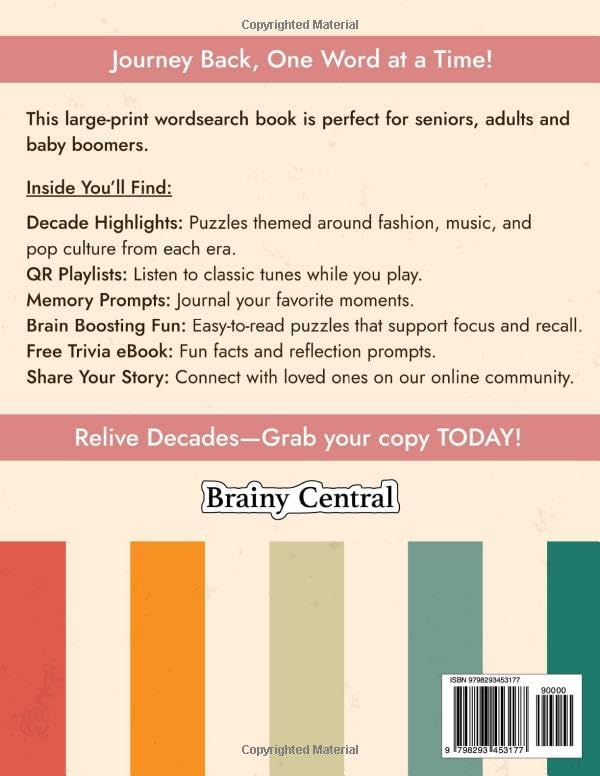 Nostalgic Word Search For Adults Large Print: 101 Retro Wordfind Brain Games/Puzzles with Big Font for Adults & Seniors, 1950s-1990s - Brain ... Relief & Relaxation (Puzzle Books For Adults) by Brainy Central