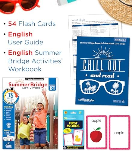 Summer Bridge Activities K-1 Bundle, Ages 5-6, Math, Reading Comprehension, Science, and Writing Summer Learning 1st Grade Workbooks, Sight Word Flash Cards, Children's Books, and Drawstring Bag by Rourke Educational Media