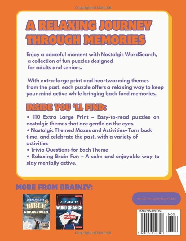 Nostalgic Word Search for Adults & Seniors: 111 Large Print Puzzles, Crafted to Relive Memories - Bonus Retro Themed Mazes, Trivia & Activities (Brainzy Puzzles - Wordsearches) by Stef From Brainzy