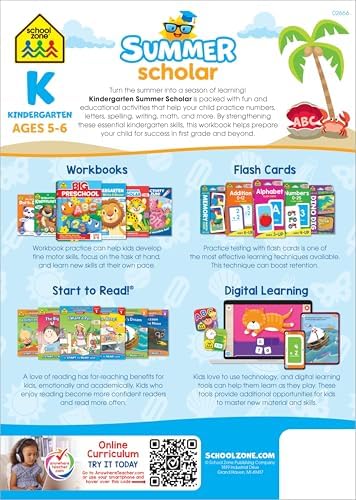 School Zone Kindergarten Summer Scholar Workbook: 80 Pages, Pre-K, Letters, Early Reading and Writing, Numbers 0-20, Basic Math, Counting, Matching, Story Order, Ages 5-6 by School Zone