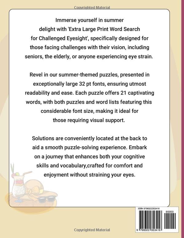 Extra Large Print Word Search For Adults and Seniors: Big Font for Super challenged Eyesight-32 pt Summer Edition (Big Font Series for Visually Impaired Adults and Seniors) by Margaret Clarke