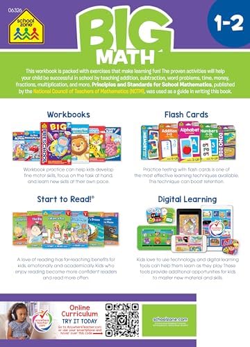 School Zone Big Math 1-2 Workbook: 320 Pages, 1st Grade, 2nd Grade, Elementary Math, Addition, Subtraction, Word Problems, Time, Money, Fractions, Ages 6 to 8 by School Zone