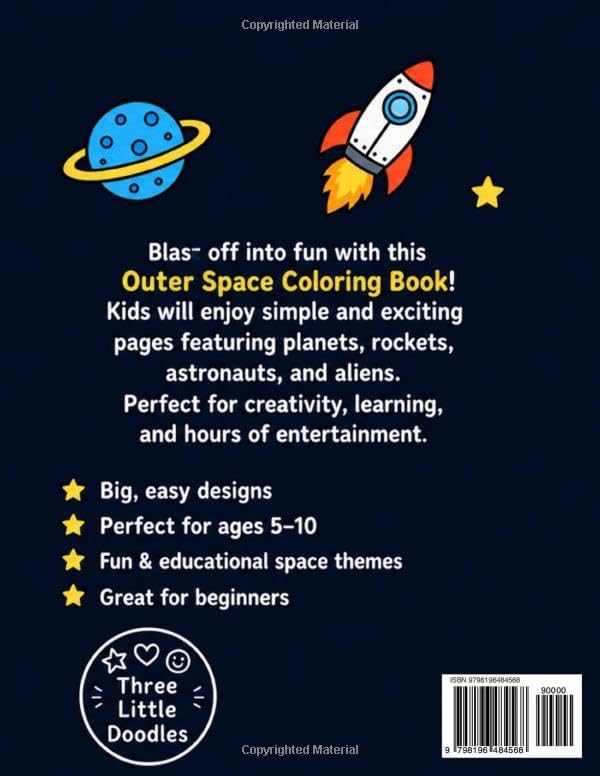 Outer Space Coloring Book for Kids Ages 5–10: Planets, Rockets, Astronauts & Aliens | 50 Fun & Easy Coloring Pages by Three Little Doodles