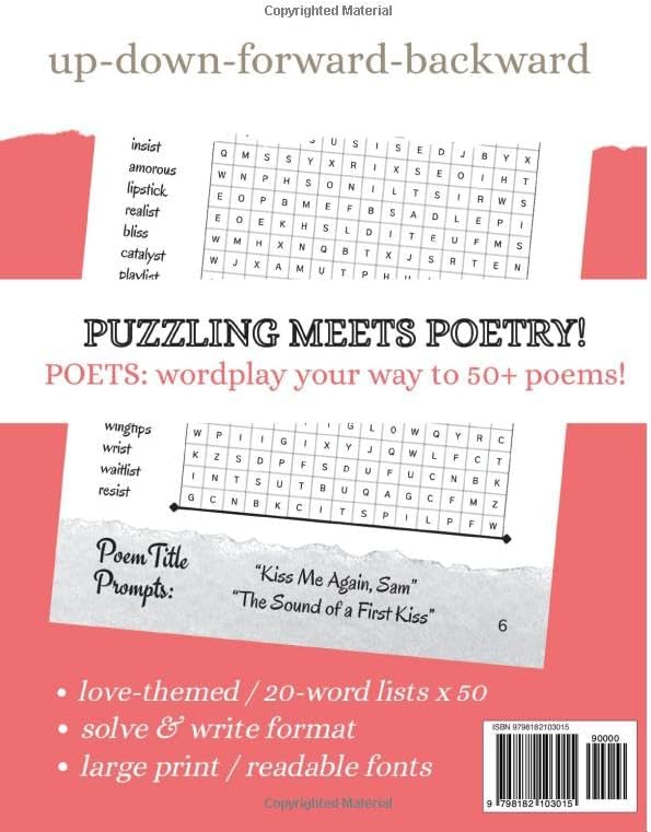 Word Search and Poetry Writing Book: 50 Elegant Seek and Find Puzzles For Adults and Poets, Featuring Rhymed Word Lists, Generative Title Prompts, and Lined Pages to Inspire Creative Writers! by Amy Renea