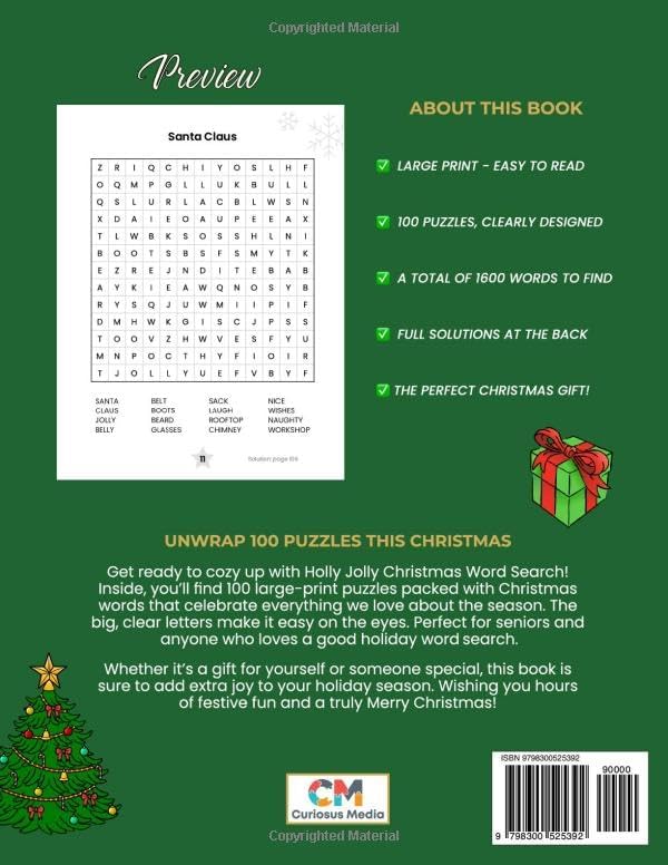 Holly Jolly Christmas Word Search: A Large Print Puzzle Book with 100 Christmas Word Search Puzzles for Teens, Adults & Seniors (Curiosus Word Search Series) by Curiosus Media