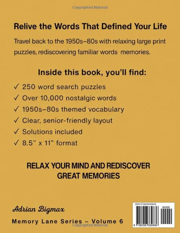 The Ultimate Large Print Word Search for Seniors: 10,000 Words – 250 Nostalgic Puzzles from the 1950s–1980s for Relaxation, Focus & Memory (Memory Lane Series) by Adrian Bigmax