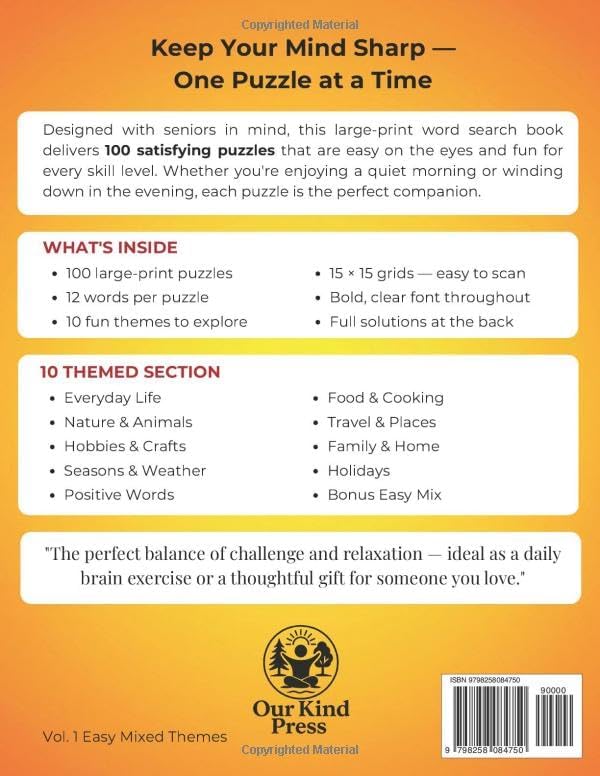 Easy Large Print Word Search for Seniors: Relaxing Puzzles to Improve Memory, Focus and Mental Sharpness by Our Kind Press
