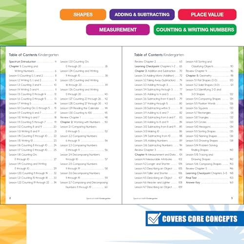 Spectrum Math Kindergarten Workbooks, Activity Book for Kids Ages 5-6 Covering Addition, Subtraction, Place Value, Shapes, Counting, and More, Mathematics Classroom or Homeschool Curriculum by Spectrum