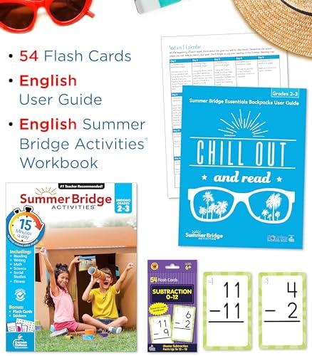 Summer Bridge Activities 2-3 Bundle, Ages 7-8, Math, Language Arts, and Science Summer Learning 3rd Grade Workbooks All Subjects, Subtraction Math Flash Cards, Children's Books, and Drawstring Bag by Rourke Educational Media