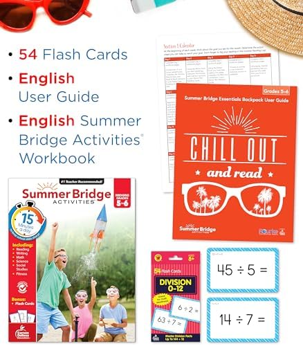 Summer Bridge Activities 5-6 Bundle, Ages 10-11, Math, Language Arts, and Science Summer Learning 6th Grade Workbooks All Subjects, Division Math Flash Cards, Children's Books, and Drawstring Bag by Rourke Educational Media