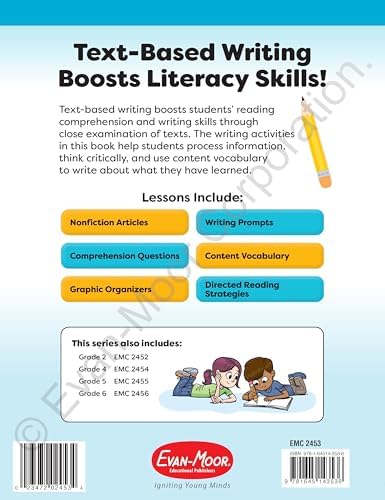 Evan-Moor's Text-Based Writing, Grade 3 – Homeschooling and Classroom Resource Workbook, Citing Evidence, Prompts, Leveled Texts, Informative, Compare and Contrast, Opinion, Sequence, Biography by Evan-Moor Educational Publishers
