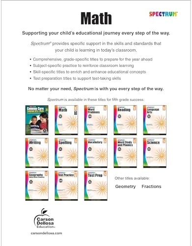 Spectrum 5th Grade Math Workbooks, Fractions, Geometry, Algebra Prep, Decimals, Volume, Area, Graphing, and More Mathematics, Classroom or Homeschool Curriculum by Spectrum