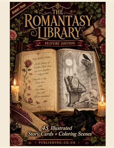 The Romantasy Library Coloring Book and Activity Book: Feature Edition — 45 Illustrated Scenes with Story Cards, Lore Quizzes & 40 Hidden Objects by Robert Prime